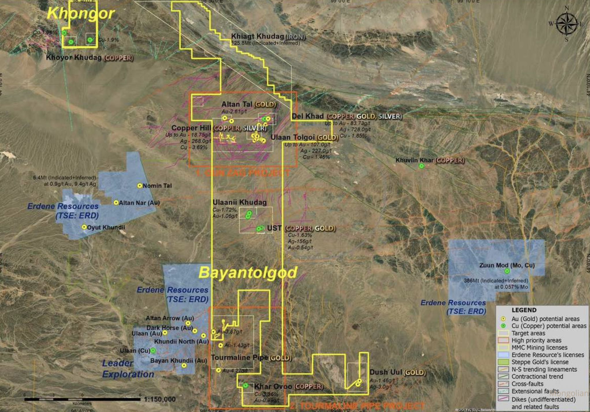 Satellite map of the 27,979-hectare Bayantolgod license showing its mineralized centres — Altan Tal, Del Khad, Copper Hill, Ulaan Tolgoi, UST, Tourmaline Pipe and Dush Uul — adjacent to Erdene Resources' Bayan Khundii ground in southwestern Mongolia.