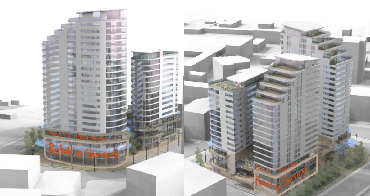 Massing render of the podium and towers