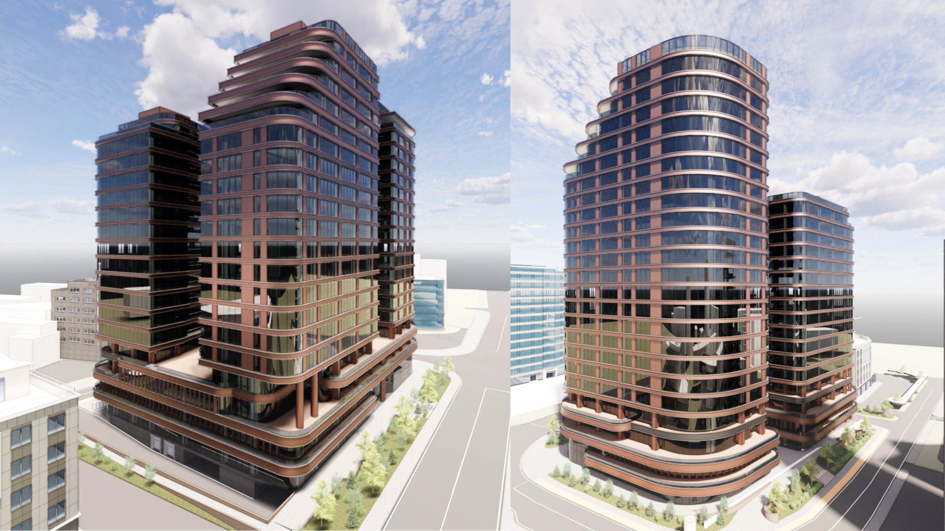Massing render of the podium and towers