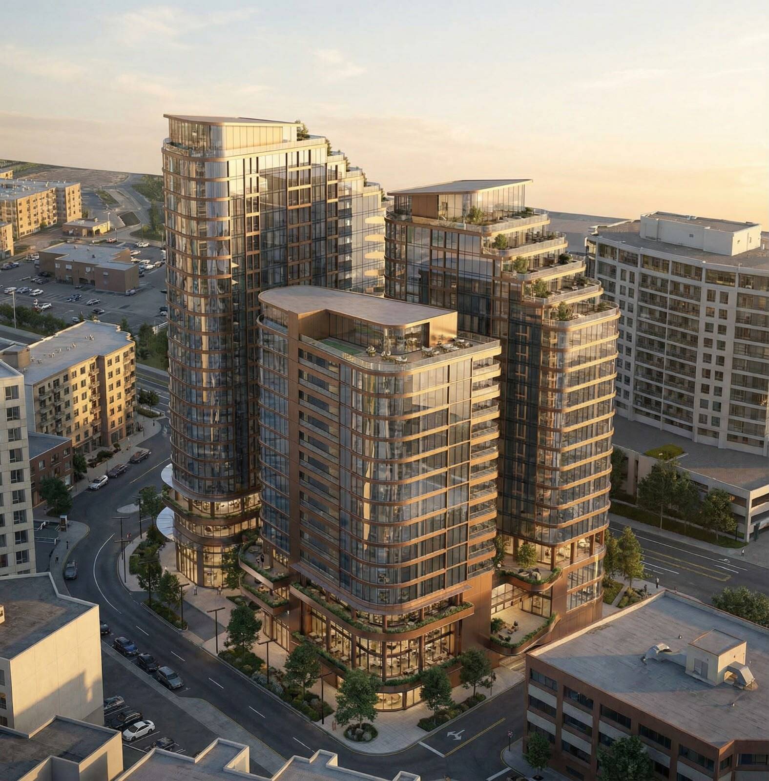 Central Park Gateway — aerial view of the towers at golden hour